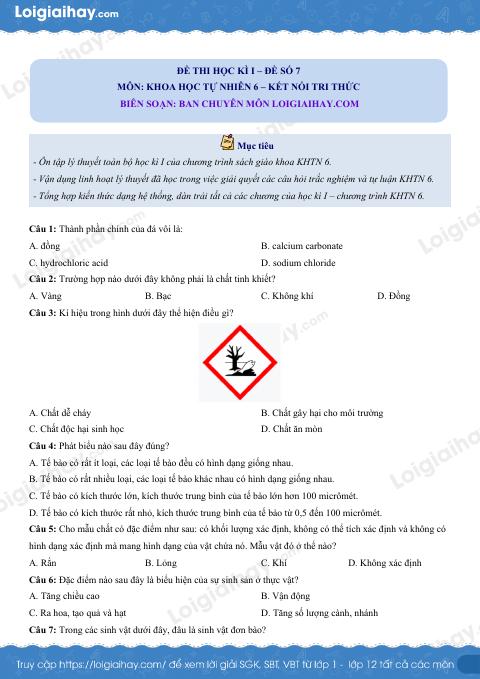 Đề thi học kì 1 KHTN 6 - Kết nối tri thức - Đề số 7